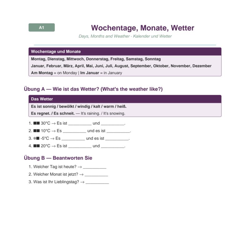 Wochentage, Monate und Wetter – Days, Months and Weather