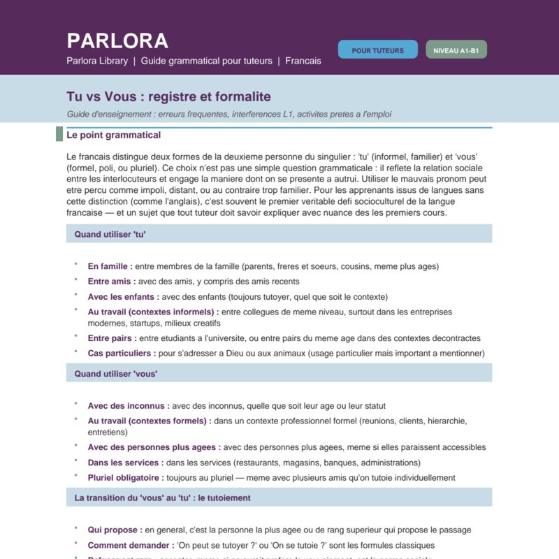 Tu vs Vous: Register and Formality in French - Guide d'enseignement