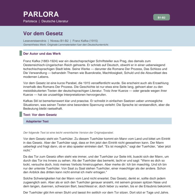Vor dem Gesetz (Before the Law) by Franz Kafka - Reading Comprehension B1-B2