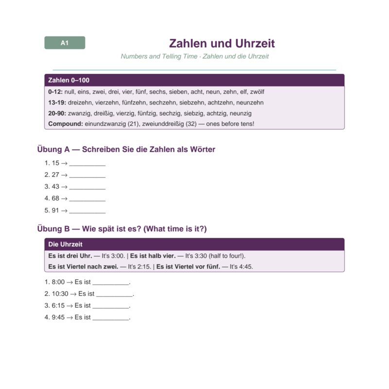 Zahlen und Uhrzeit – Numbers and Time