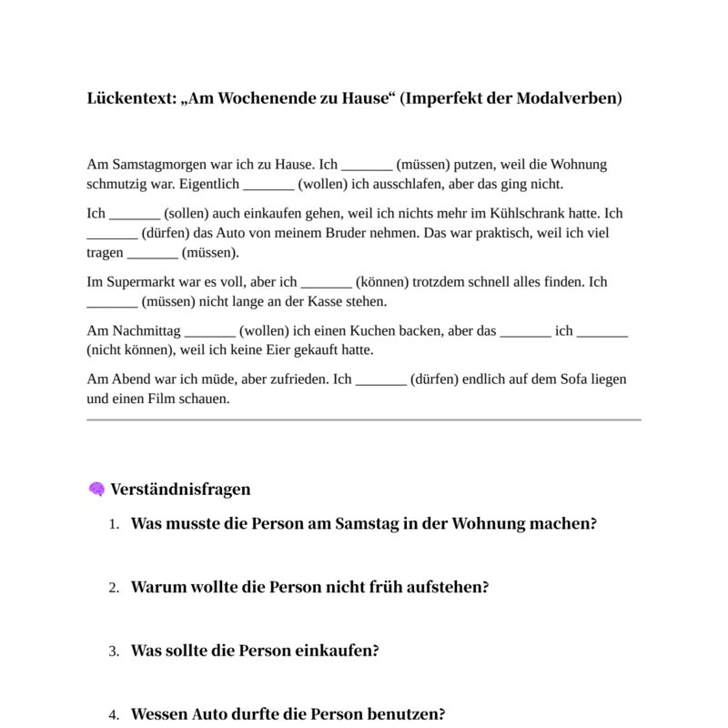 Am Wochenende zu Hause: Imperfekt der Modalverben Lückentext